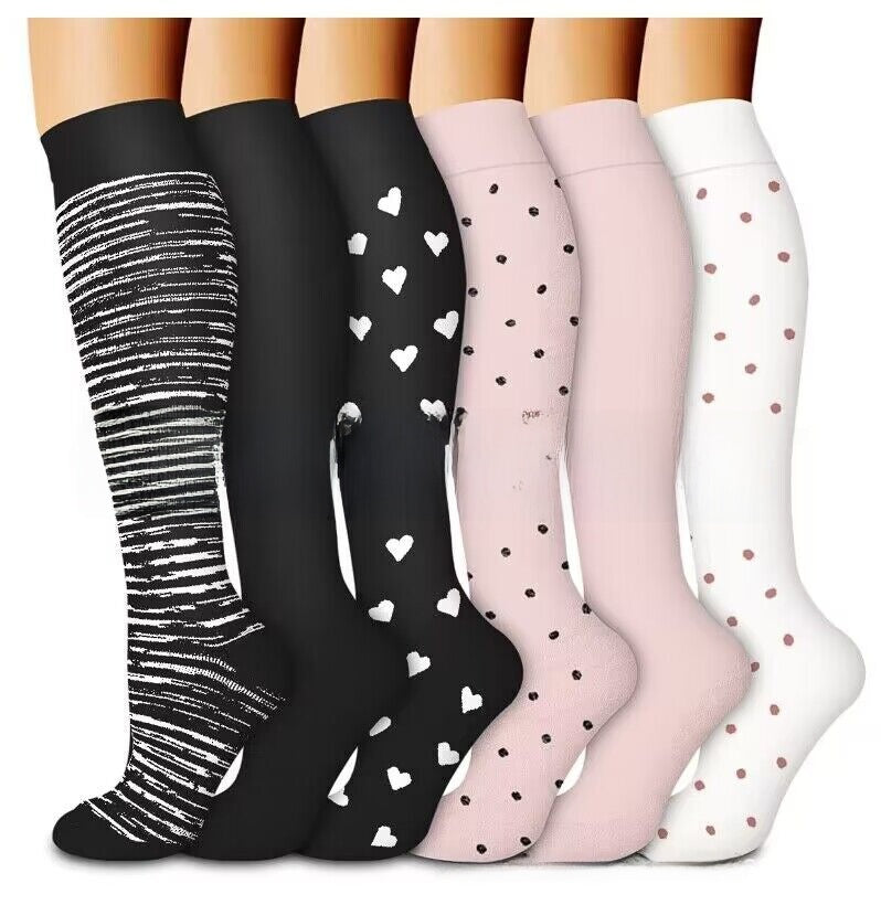 Knee high compression socks with athletic stripe prints for running and cycling