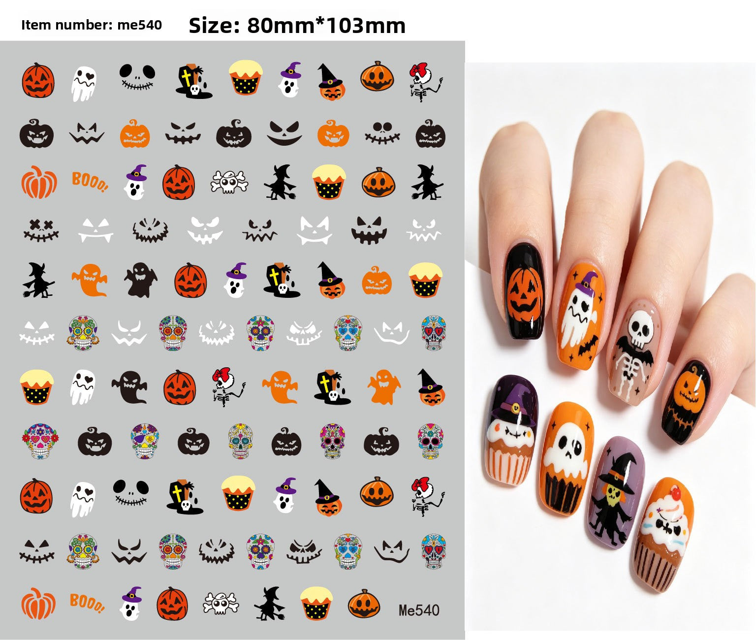 Self adhesive Halloween nail art stickers with pumpkin, skull and ghost designs