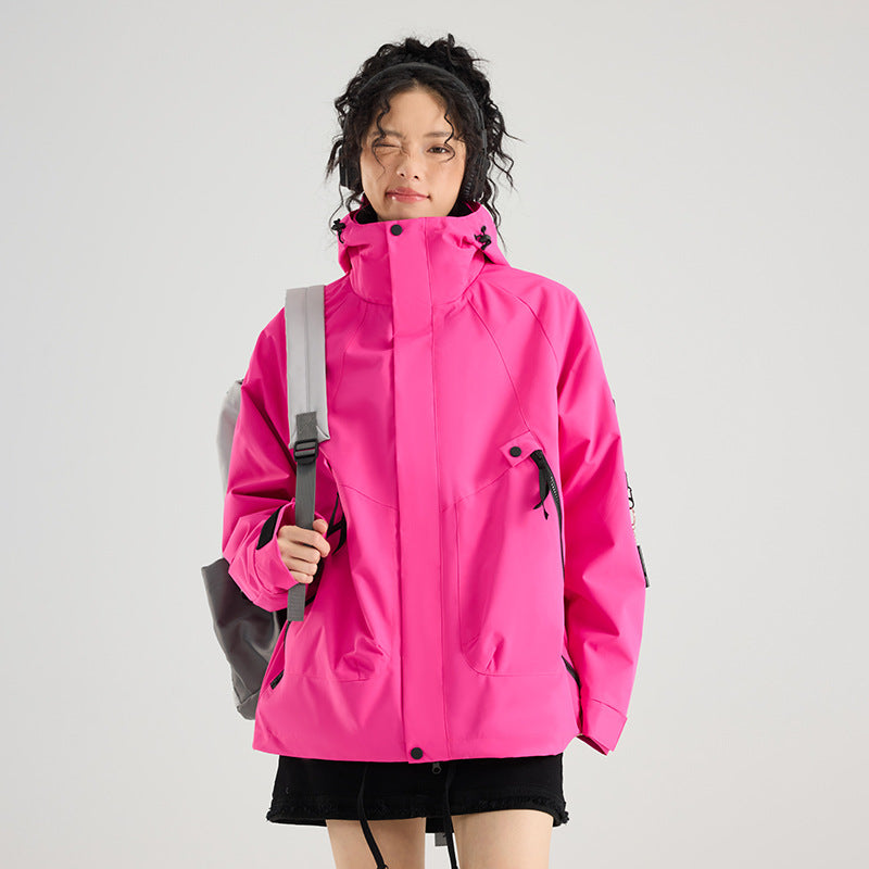 Three in one water resistant outdoor jacket with attached hood and zip in fleece liner, polyester shell