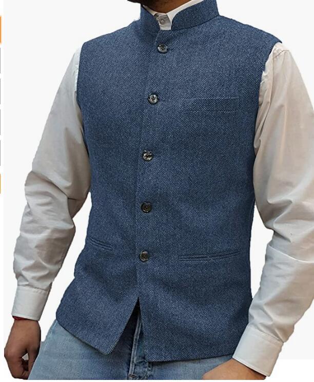 Blue herringbone stand collar vest over a white shirt, size XXL