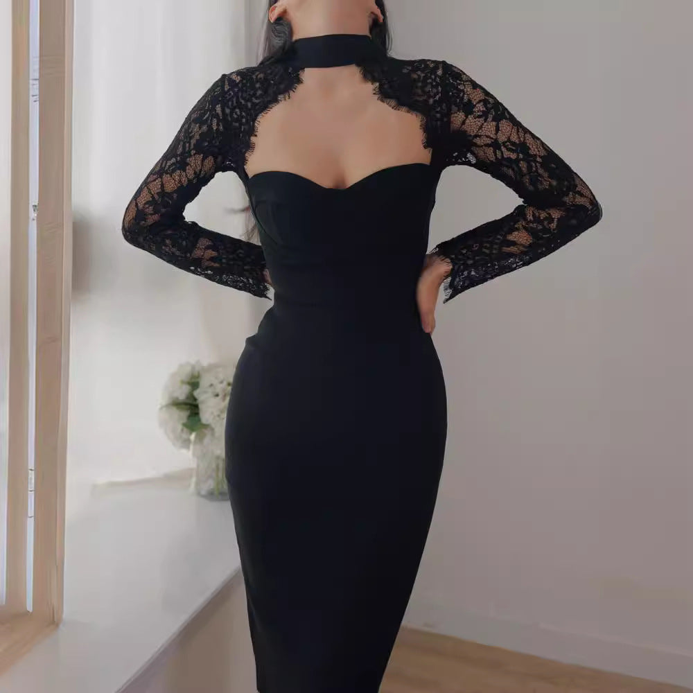 Side angle of the lace dress showing the draped skirt and fitted waist line