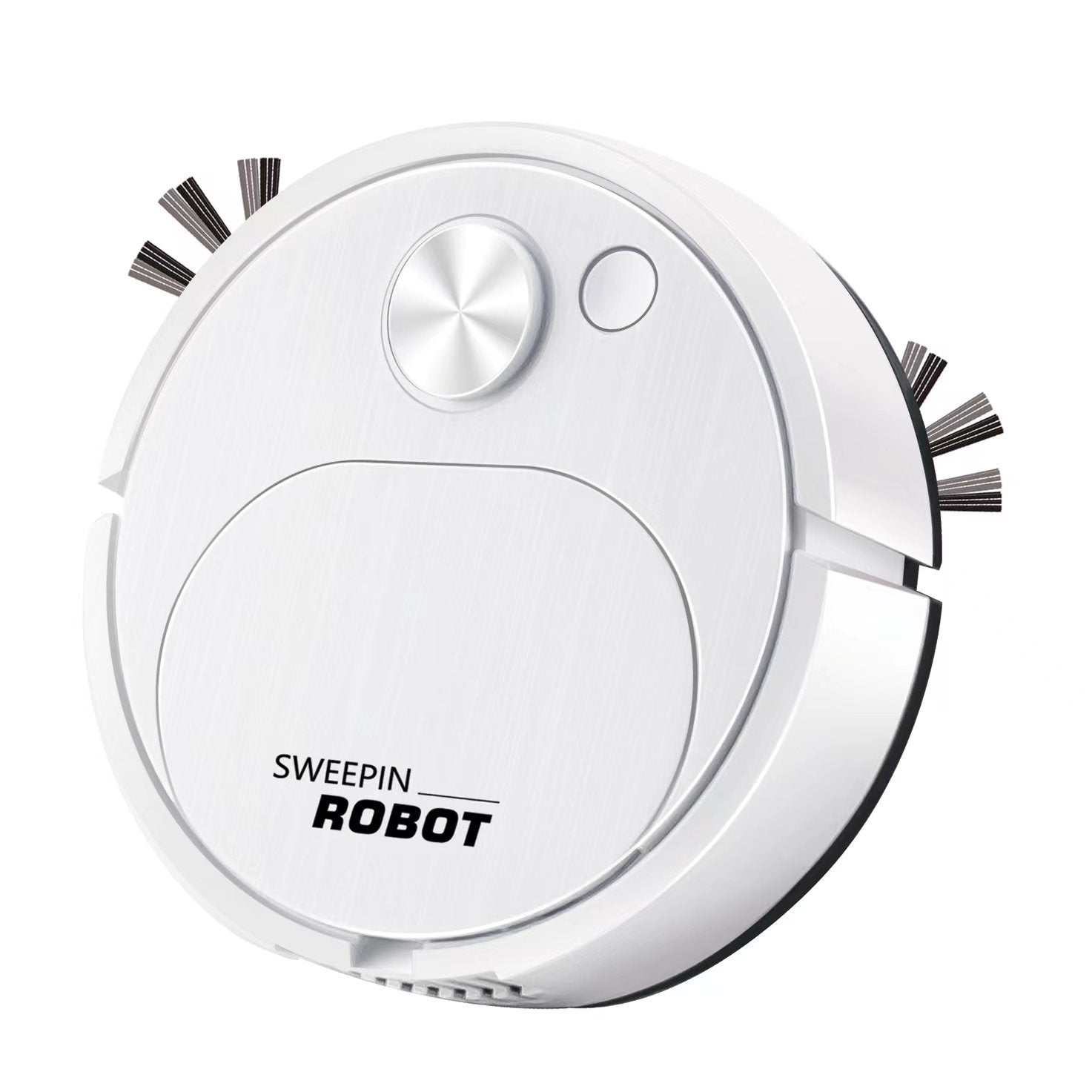 White round robotic floor sweeper with two spinning side brushes viewed from above