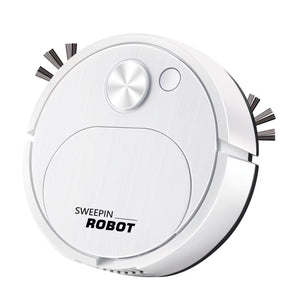 White round robotic floor sweeper with two spinning side brushes viewed from above