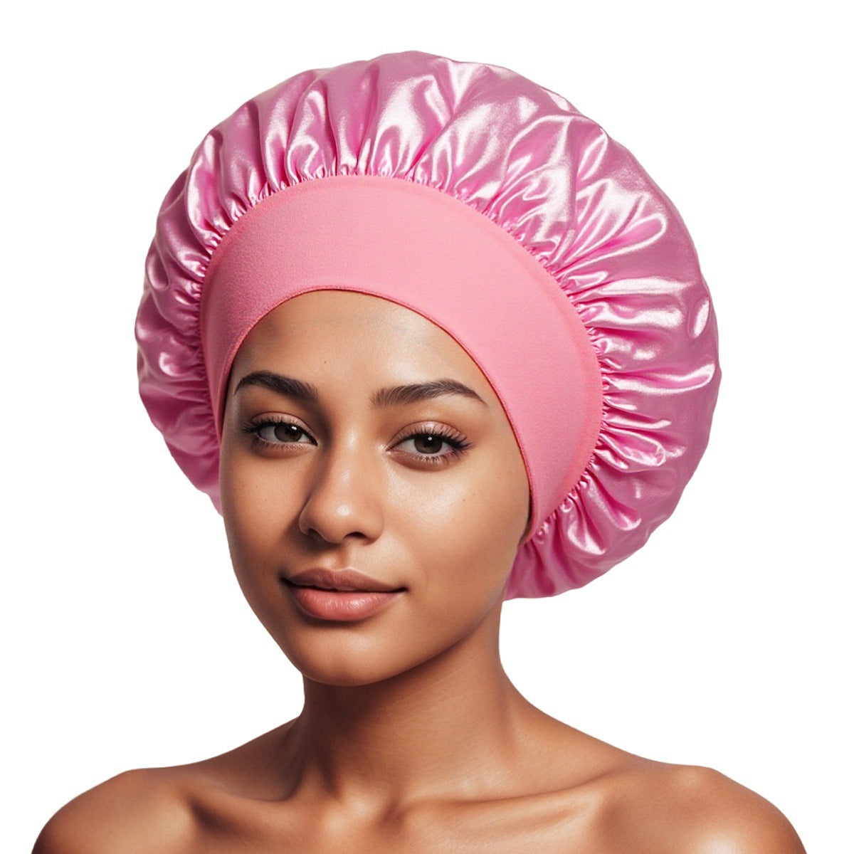 Dark Pink satin sleep bonnet with ruffled crown and wide elastic band, 30 cm diameter