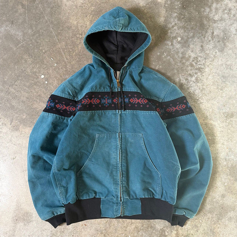 Teal hooded zip jacket with woven band option photo, size XL