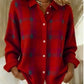 Red option photo of a red knit cardigan with a subtle dark plaid check, shirt collar, size L
