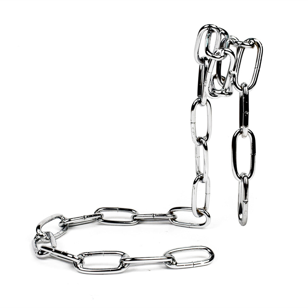 Bright silver electroplated iron chain wine bottle holder shown without a bottle on a white background