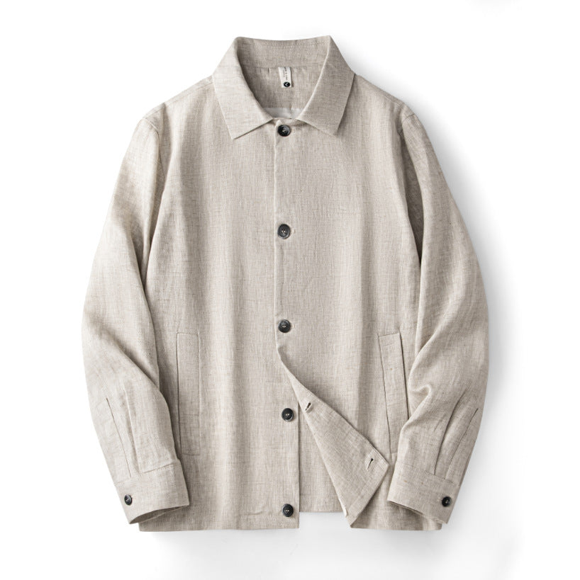 Men's linen lapel casual jacket on a clean studio background, full length