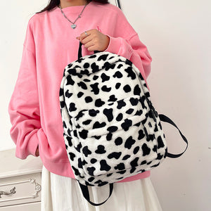 Plush Leopard Print Backpack | side profile detail close up