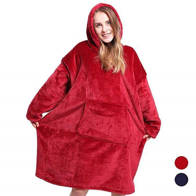 Red thickened flannel hooded wearable blanket with front pocket, size 90x120 cm 750 g