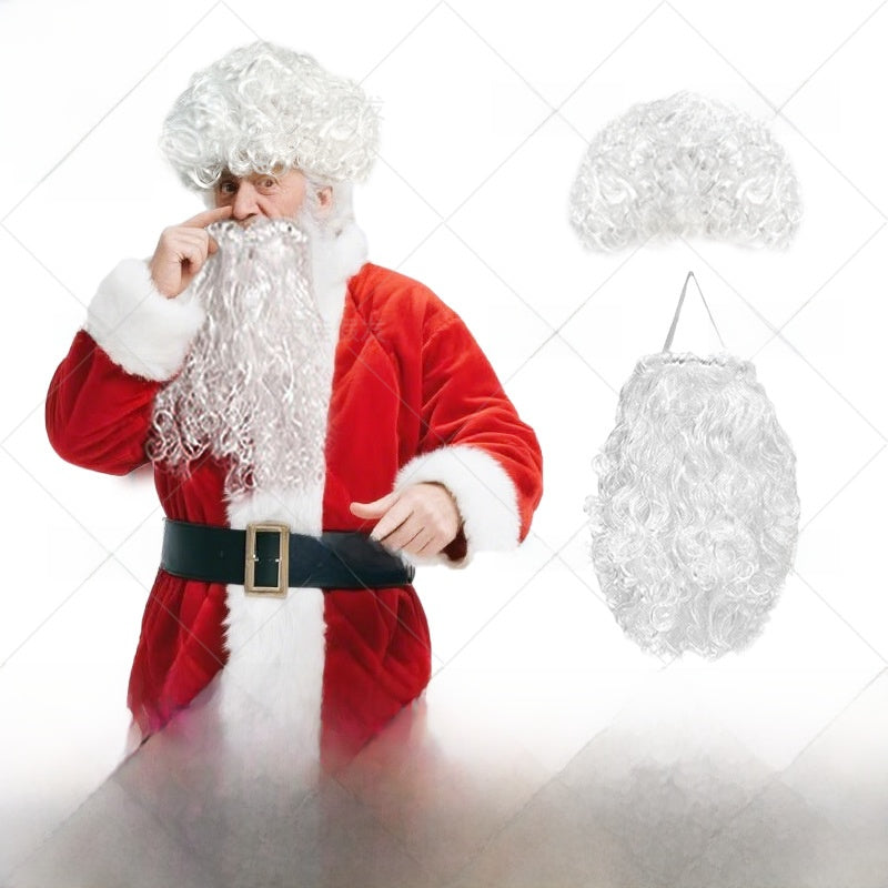 White curly Santa costume wig and beard shown with the wig and beard pieces laid out separately