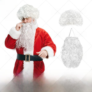 White curly Santa costume wig and beard shown with the wig and beard pieces laid out separately