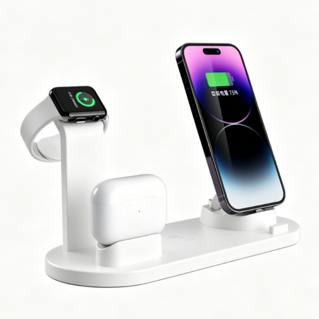 White four in one charging stand with a phone, smartwatch and earbuds on a white ground