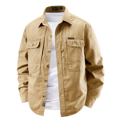Men's khaki cotton shirt jacket, front view worn open over a white tee with two button flap chest pockets