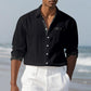Black with printed contrast trim mens long sleeve linen look button up shirt