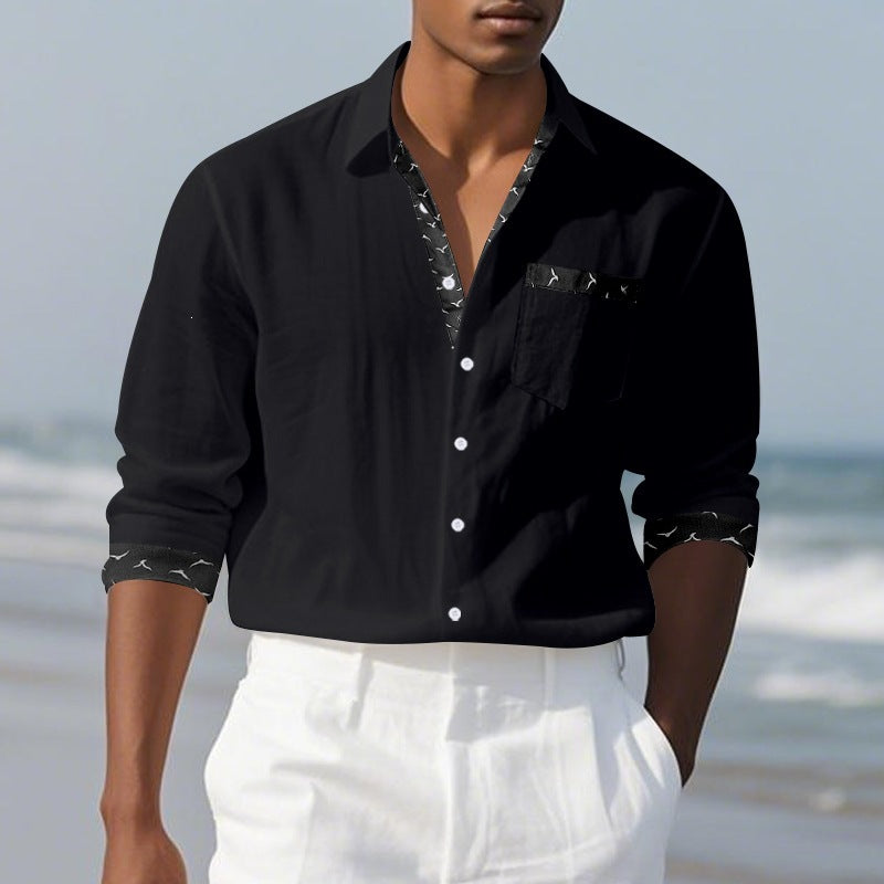 Black with printed contrast trim mens long sleeve linen look button up shirt