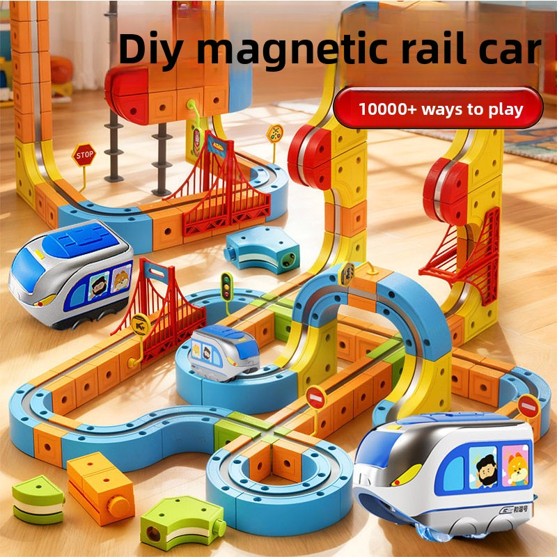 Assembled magnetic block track on the floor with electric railcars looping through curves and arches