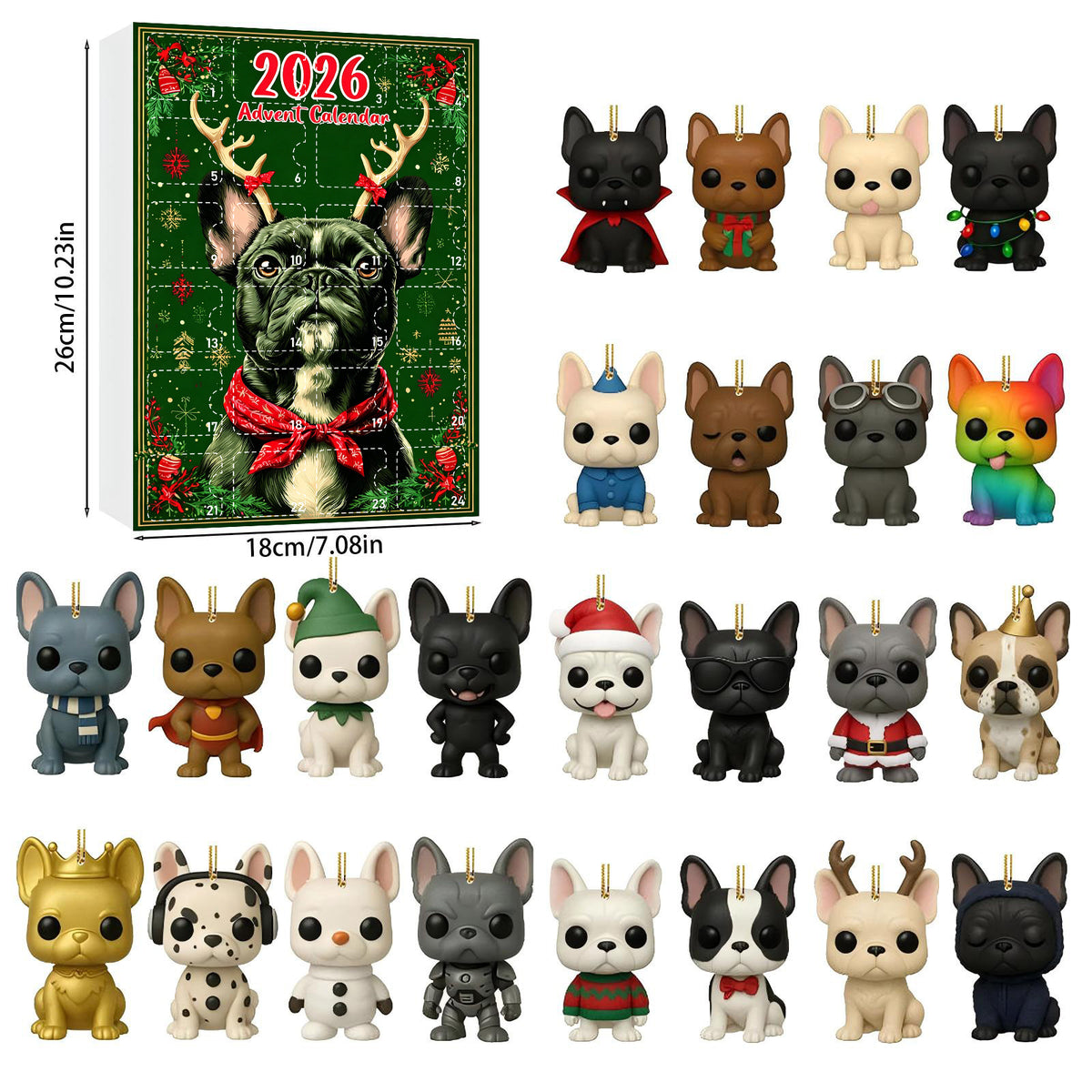 Dark green advent calendar cover with a black French Bulldog in antlers and twenty-four ornaments, Dark Green Antlers cover