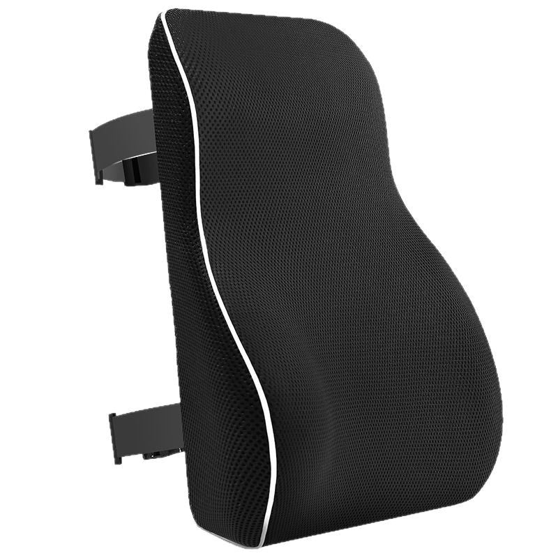 Side view of the black knit mesh back cushion showing its curved wave profile