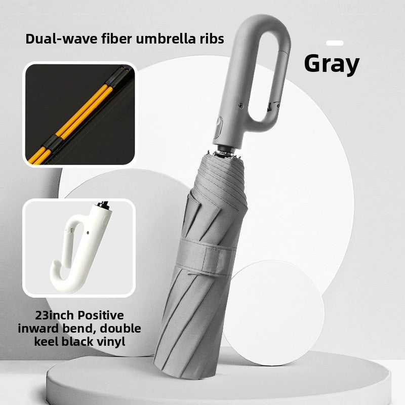 Navy blue automatic folding umbrella open against the sky