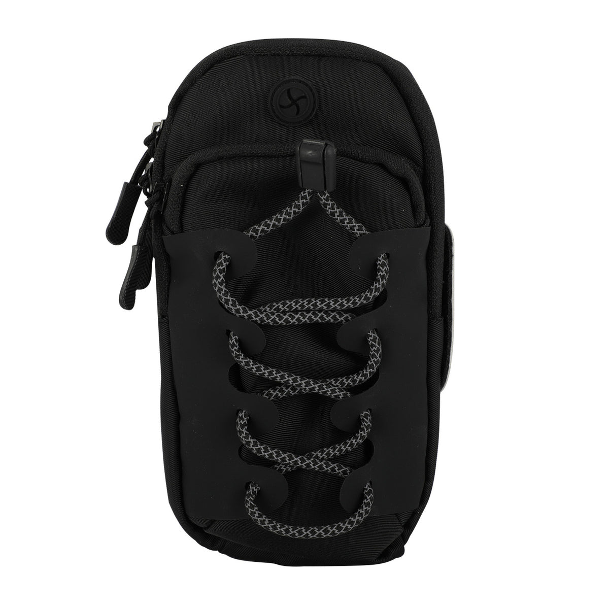 Front view of a black sports arm bag with zip pulls and a criss cross silver grey cord on a white background