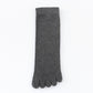 Dark gray five-toe cotton sock laid flat showing its mid-calf length
