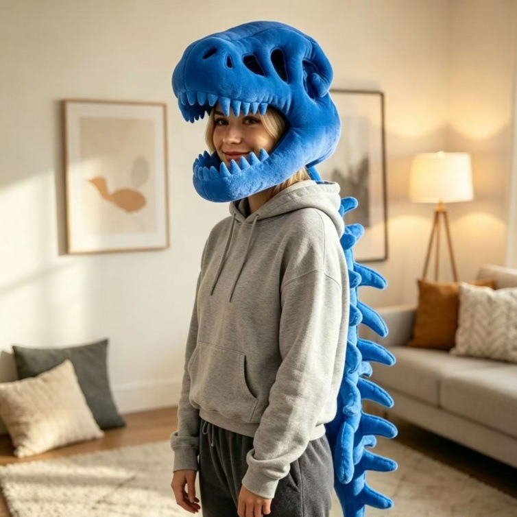 Blue plush dinosaur skeleton head mask worn from the side, jaws open around the face
