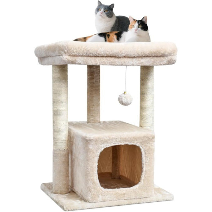 Light gray cat tree shown in full from the side