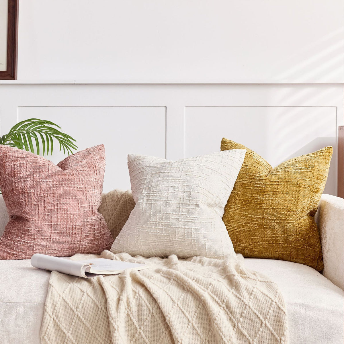 Solid colour chenille cushion cover showing the slubby crosshatch weave of the soft polyester chenille face