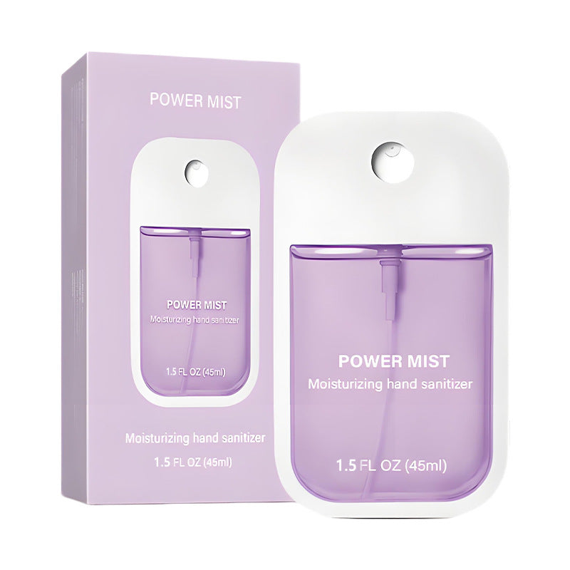 Lavender POWER MIST paper box and matching flat 45 ml hand spray with a white shell and top button