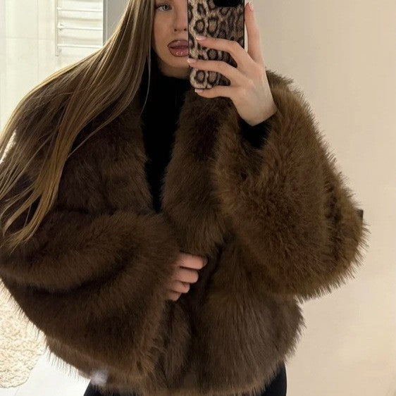 Coffee brown vegan fur short jacket with darker tips and wide shawl collar