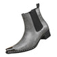 Grey men's pointed toe Chelsea boot with metal toe cap and studded edge on a white background