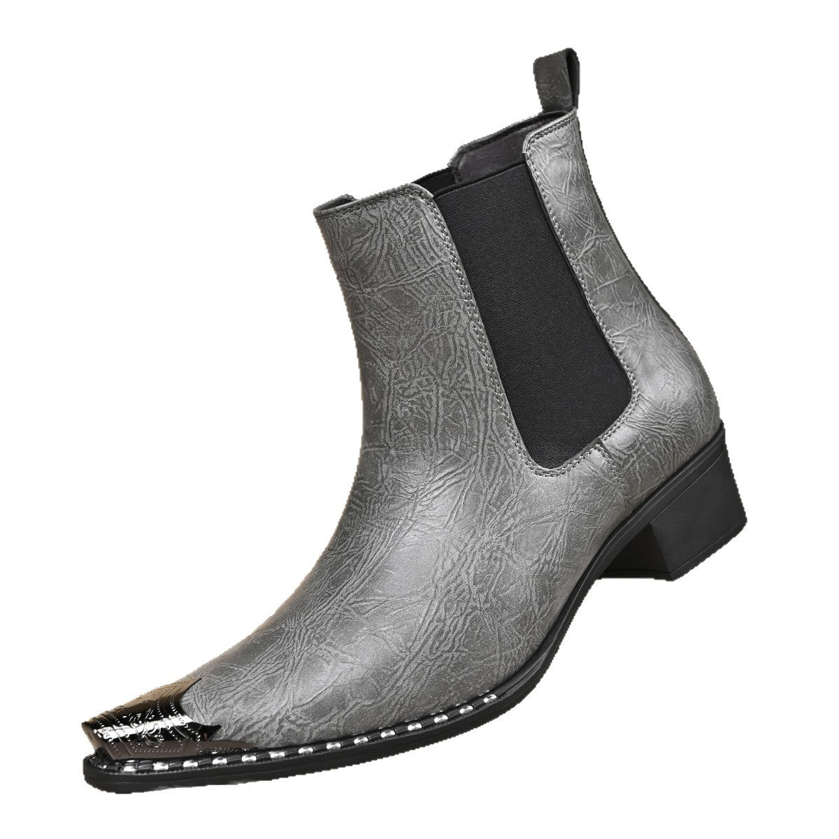 Grey men's pointed toe Chelsea boot with metal toe cap and studded edge on a white background