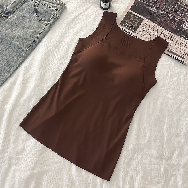 Brown seamless nylon square neck tank top, flat lay on white bedding with jeans, size 4XL option photo