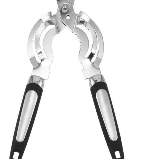 Stainless steel multi opener head with adjustable gripping jaws and black soft grip handles
