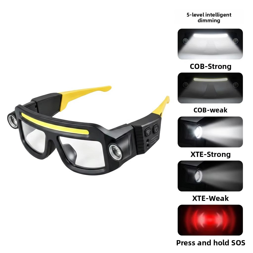 LED headlight glasses worn outdoors casting a bright forward beam at night