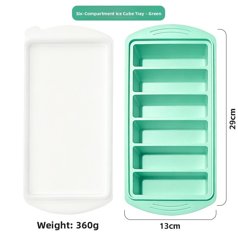 Six compartment silicone tray beside its white lid, 29 cm long, 360 g, option 6 Cavities 29 cm Tray, Mint Green