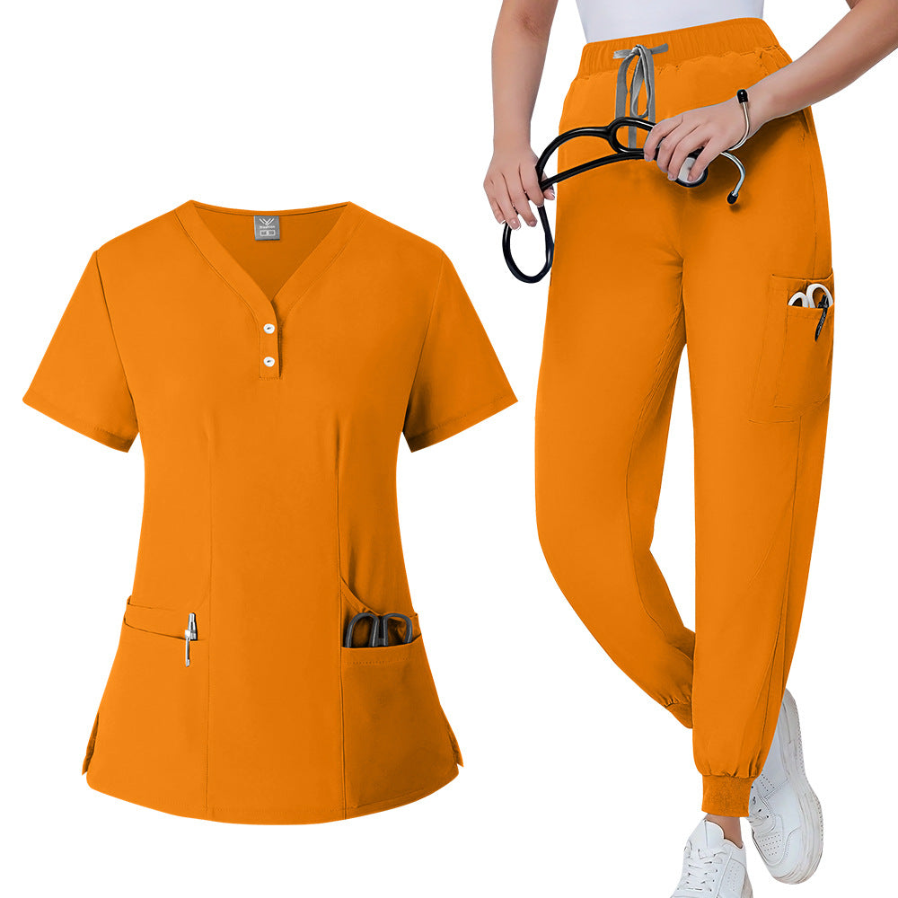 Scrub top side pocket holding a pen to show the fit