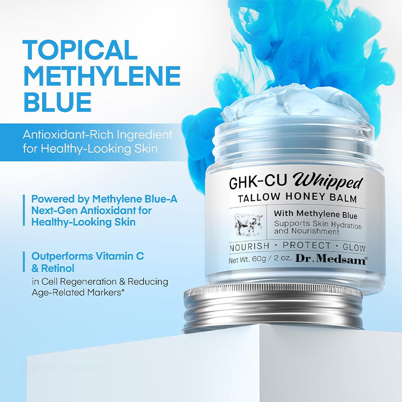 Blue whipped face balm jar with an infographic about its methylene blue ingredient