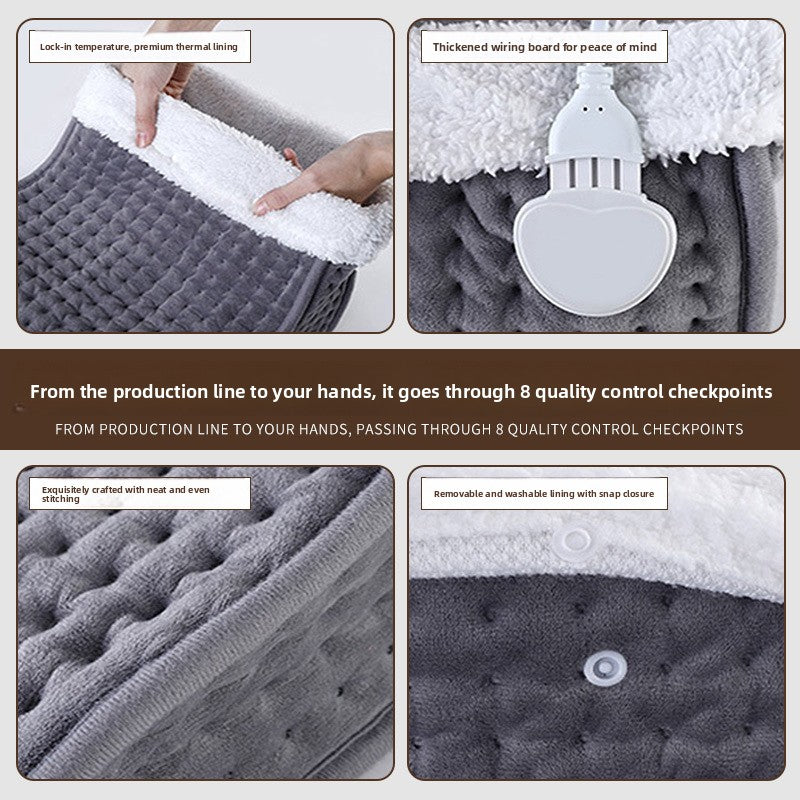 Four close views of the foot warmer: quilted lining detail, heart-shaped hand controller, quilted fleece and a snap closure
