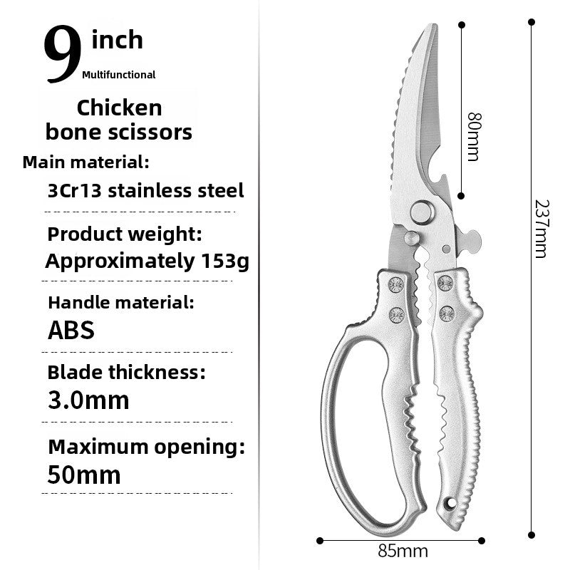 Silver kitchen bone shears with a spec panel noting 3Cr13 stainless steel and ABS handle