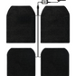 Four black carpet car floor mats linked by a cable to an app controller box with a QR code and a lighter plug