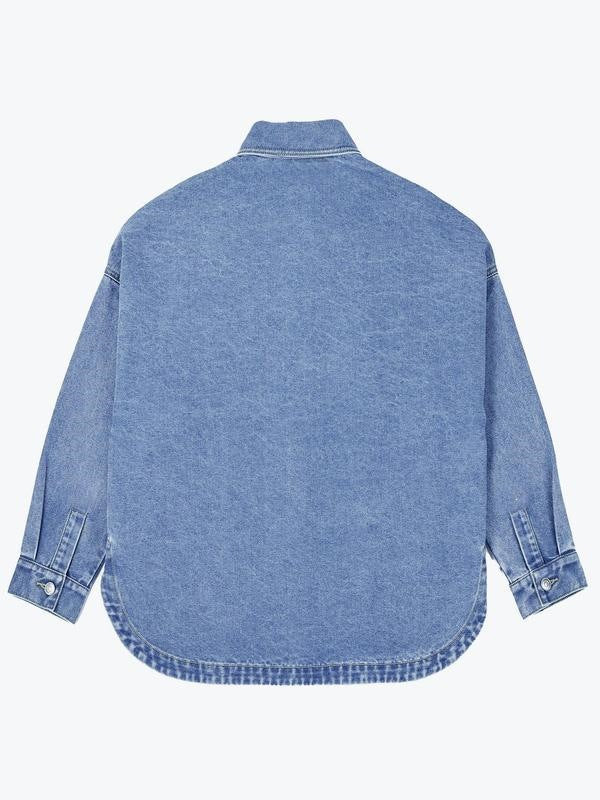 Flat back view of a washed blue denim shirt jacket with button cuffs and a rounded curved hem