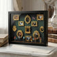 Black shadow box with a green backdrop, gold oval and rectangular miniature frames and small figurines on a marble shelf