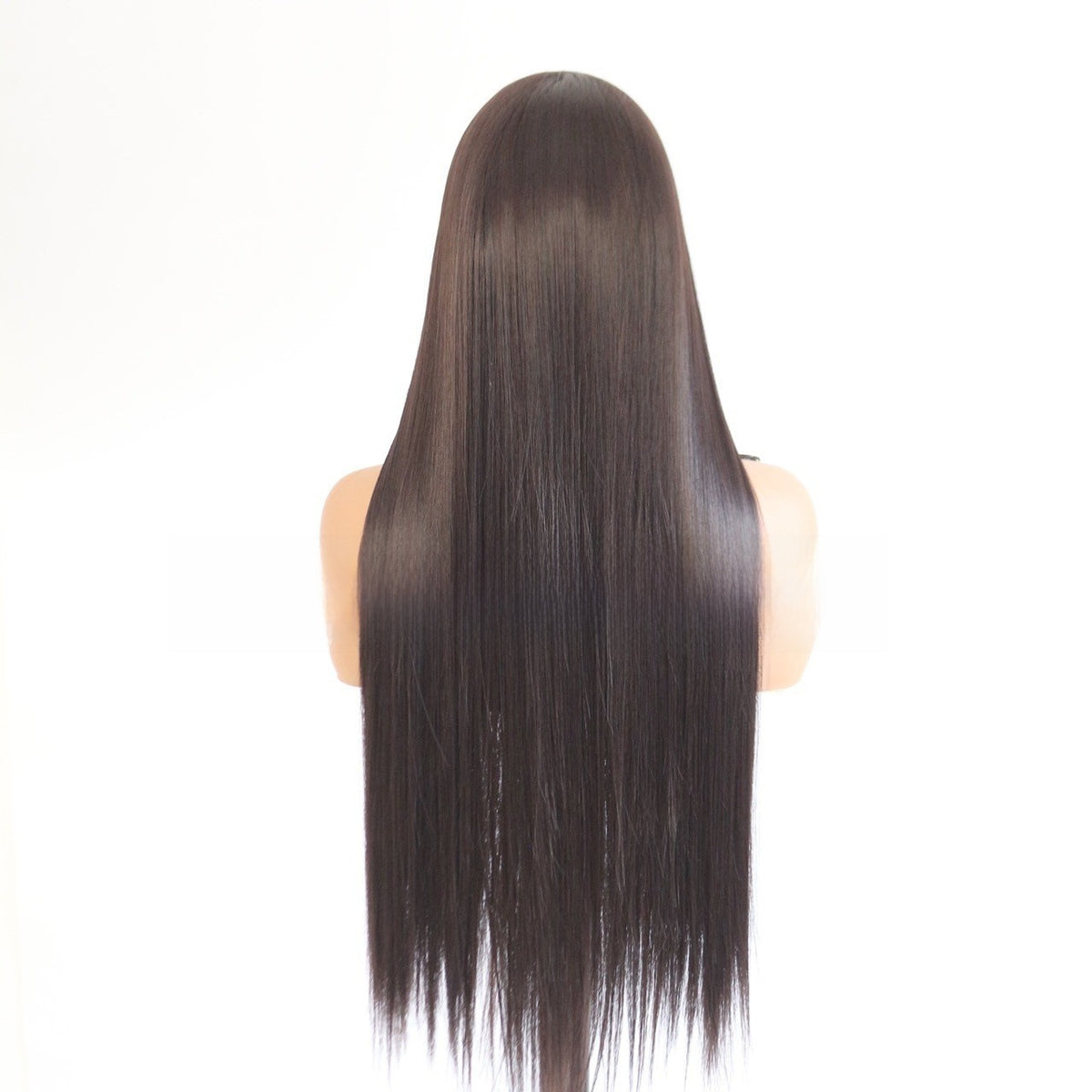 Back view of a dark brown long straight wig hanging smooth to 24 inches on a mannequin head