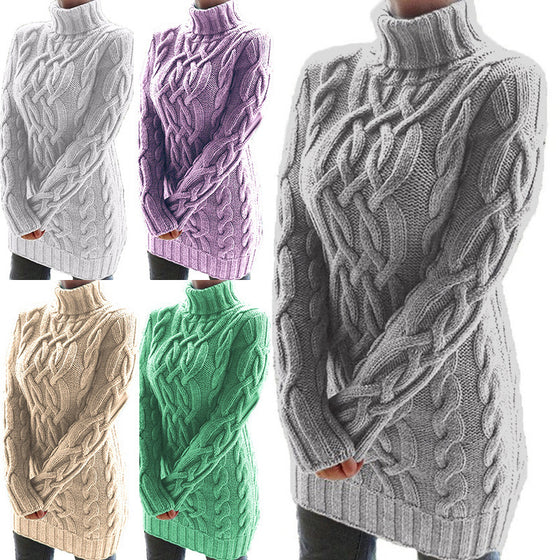 Women's Retro Cable Knit Turtleneck Sweater Dress