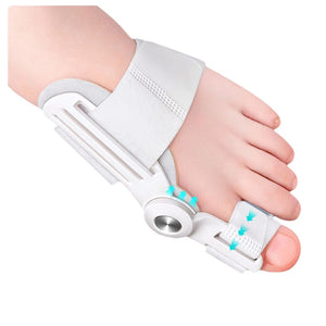 Bunion corrector splint on foot with rigid plate, hinged pivot and fabric straps