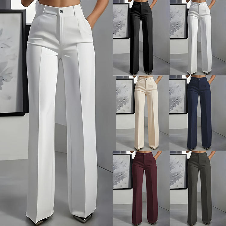 Side profile of the wide leg trousers showing the high rise and long leg line