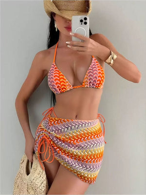 Three piece wave knit bikini set with triangle top, tie side bottom and cover up