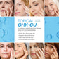 Copper peptide face balm infographic with close-up photographs of faces around it